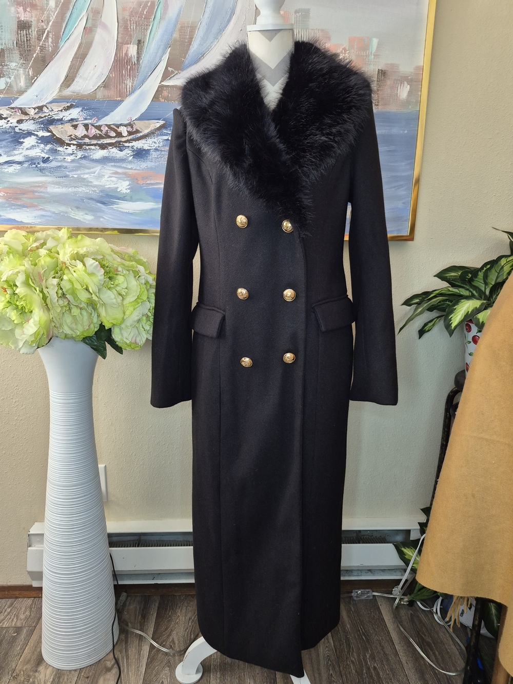 Self Esteem Black Long Trench Coat with Faux Fur Collar